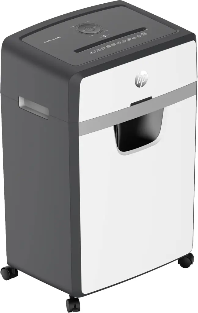 فرامه ورق مكتبية HP OneShred 24CC – مستوى أمان P-4، تقطيع متقاطع، سعة 24 ورقة، سعة سلة 30 لتر (أبيض)