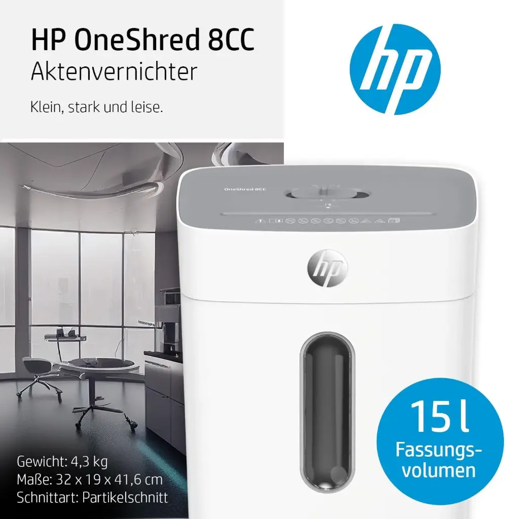 HP OneShred 8CC Shredder Security Level P-4 Cross Cut 8 Sheets 15L Bin white
