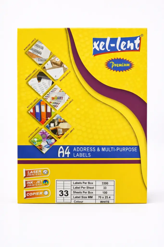 Xel-Lent Premium A4 Address & Multi-Purpose Labels #33 – White – 70×25.4mm (33 Labels/Sheet – 100 Sheets)