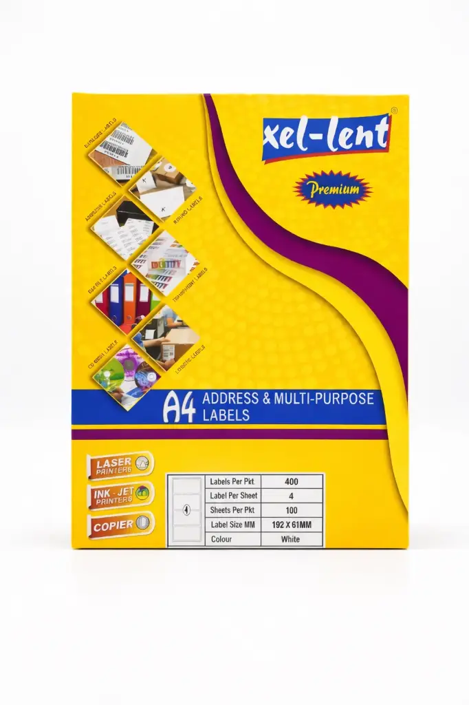 ملصقات لاصقة Xel-Lent Premium مقاس A4 للعناوين والاستخدامات المتعددة – أبيض – 192×61 مم (4 ملصقات/ورقة – 100 ورقة – 400 ملصق)