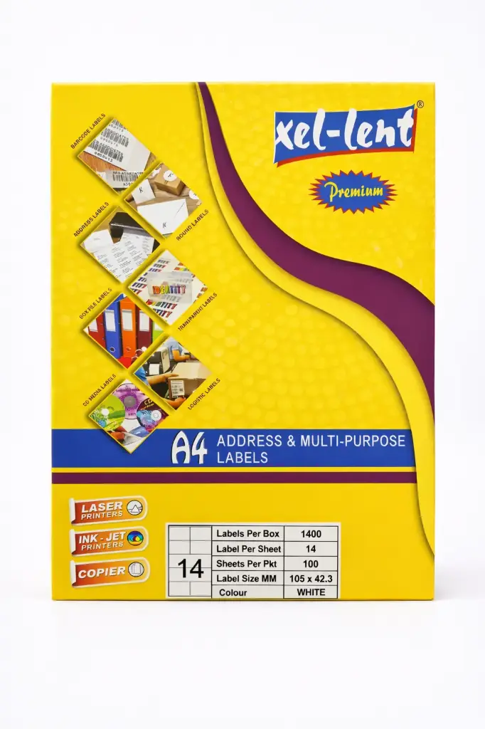 ملصقات لاصقة Xel-Lent Premium مقاس A4 للعناوين والاستخدامات المتعددة – أبيض – 105×42.3 مم (14 ملصق/ورقة – 100 ورقة – 1400 ملصق)