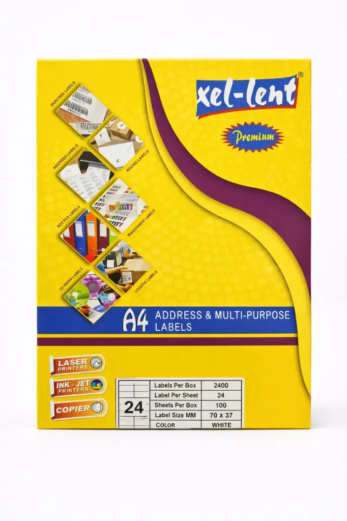 ملصقات لاصقة Xel-Lent Premium مقاس A4 للعناوين والاستخدامات المتعددة – أبيض – 70×37 مم (24 ملصق/ورقة – 100 ورقة – 2400 ملصق)