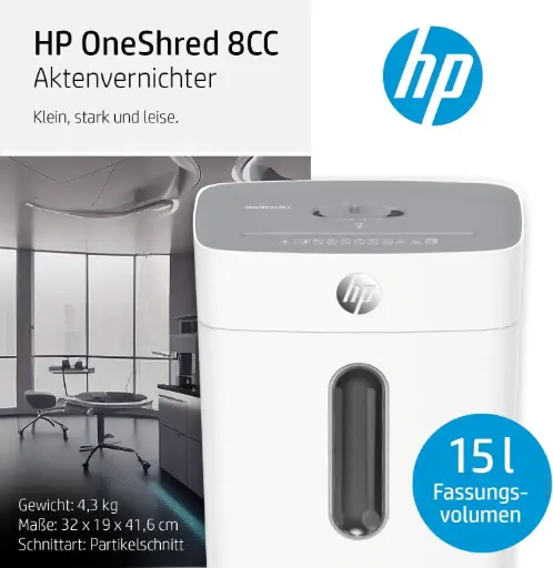 [Shredder 8CC] HP OneShred 8CC Shredder Security Level P-4 Cross Cut 8 Sheets 15L Bin white