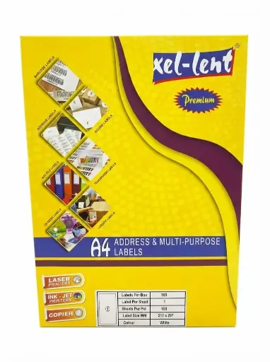 [210×297mm] ملصقات لاصقة Xel-Lent Premium مقاس A4 للعناوين والاستخدامات المتعددة – ورقة كاملة 210×297 مم – أبيض (100 ورقة / 100 ملصق)