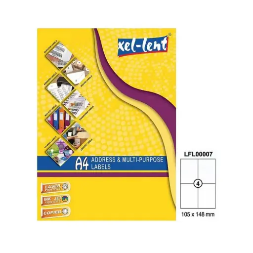 [105×148mm] ملصقات لاصقة Xel-Lent Premium مقاس A4 للعناوين والاستخدامات المتعددة – أبيض – 105×148 مم (4 ملصقات/ورقة – 100 ورقة – 400 ملصق)
