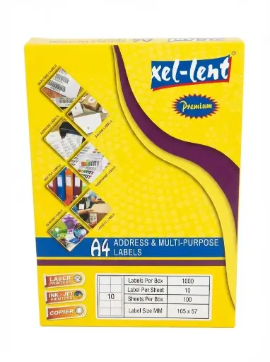 [105×57mm] ملصقات لاصقة Xel-Lent Premium مقاس A4 للعناوين والاستخدامات المتعددة – أبيض – 105×57 مم (10 ملصقات/ورقة – 100 ورقة – 1000 ملصق)