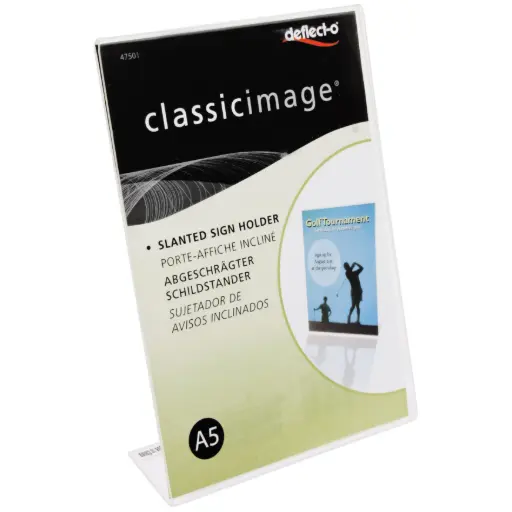 Deflecto Classic Image Slanted L-Shape Acrylic Table Sign Holder A5 Size Clear -376256
